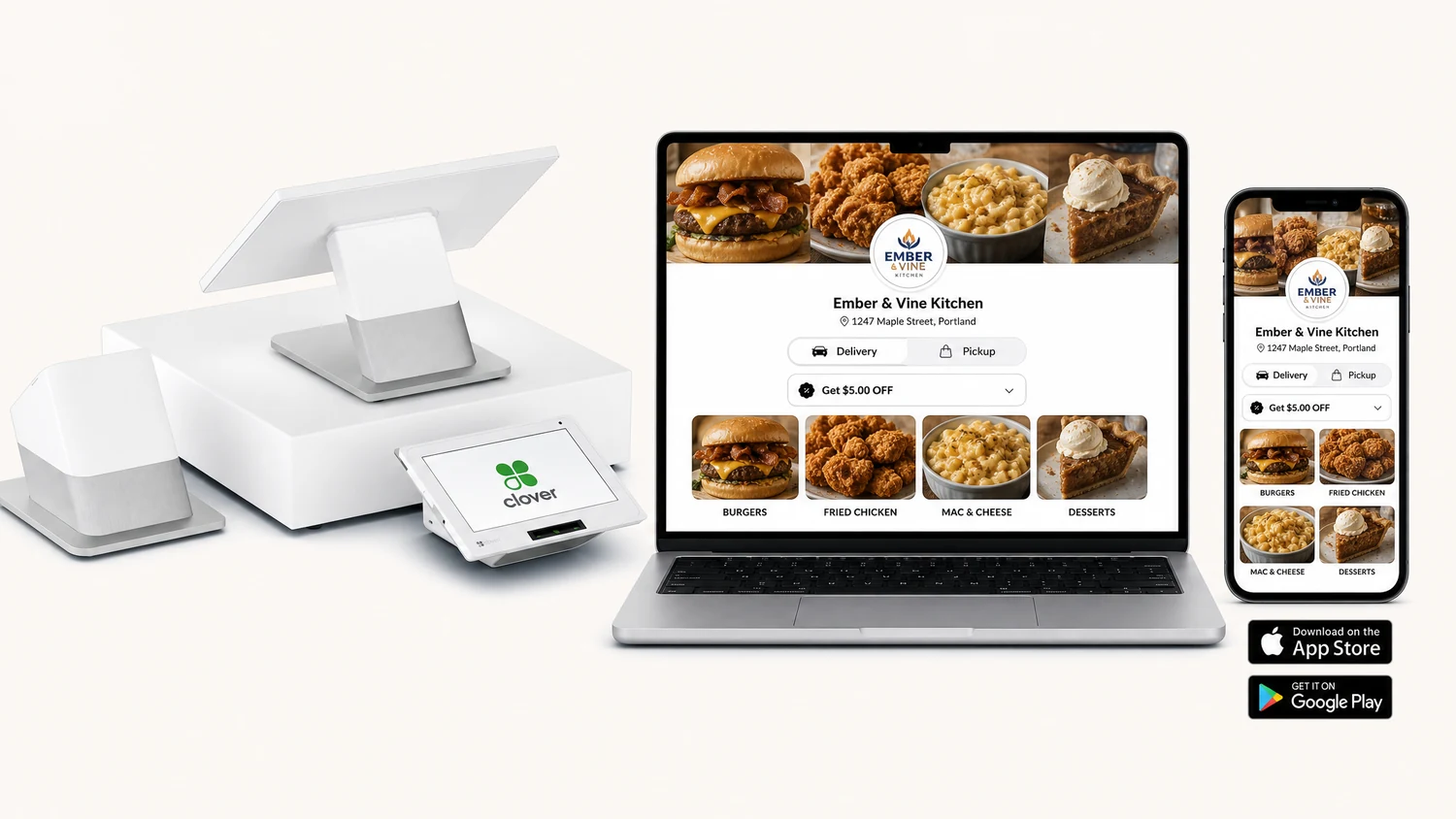 Clover Duo, a restaurant website on a laptop and a branded mobile app